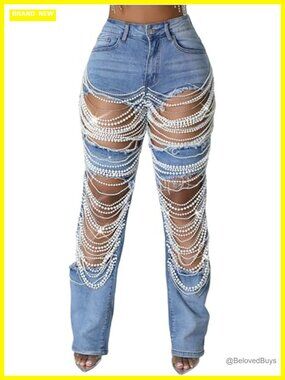 High Waisted Pearl Chain Rhinestones Ripped Baggy Jeans Y2K Party Denim